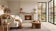 © MDHADIULISLAM - Cozy living room interior with fireplace and autumn decor warm neutral tones