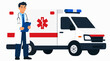 © MDISLAMHIL - Professional male doctor in white coat with stethoscope holding clipboard standing confidently beside emergency ambulance vehicle with red medical cross symbol