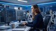 © Musrat Perveen - Female software engineer coding on dual monitors in high-tech server room, professional programmer working in modern data center, cybersecurity expert at workstation