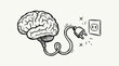 © Dgriya - A hand-drawn illustration depicting a human brain connected by an electrical cord to a sparking wall outlet, symbolizing thought, energy, and mental connection.