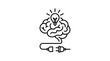 © Dgriya - Outline illustration of a human brain with a glowing lightbulb above, connected to an unplugged electrical plug and socket, symbolizing thought and innovation.