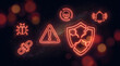 © Photo Bazar - Cybersecurity breach neon icons, broken shield and warning alert symbols, digital data security vulnerability and hacking threat concept