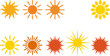 © Taiwo - Minimalist sun icon set with 9 yellow and orange sunburst symbols, flat vector sun illustrations for weather forecast and summer design