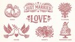 © Zia Ur Rehman - Vintage Hochzeitsgrafiken Set mit 6 Elementen, nostalgische Illustrationen für Einladungen, altrosa Symbole wie Eheringe und Hochzeitstorte, romantische Hochzeitsmotive im Retro-Stil