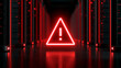 © Akash - A glowing red warning alert sign sits within a dark, high-tech server room. Concept for cyber security threat or.