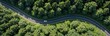 © Viktor - Aerial view of winding asphalt highway through dense green forest. Single white car travels along curved road surrounded by trees. Nature travel concept shows sustainable mobility transportation path