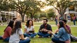 © 50Reda - Friends sitting in circle on park grass.