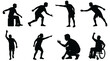 © Aka - Set of silhouettes representing boccia players in various postures, inclusivity in sports, adaptive athletic activity, wheelchair user, recreation