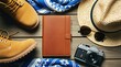 © miss irine - Travel gear arranged on wooden background. Leather boots, straw hat with vintage camera, notebook ready for vacation. Flat lay of adventure accessories for summer trip planning. Casual lifestyle