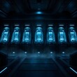 © Rahmatdin - Row of futuristic cryo pods or stasis chambers glowing with blue light inside a dark science fiction space station laboratory