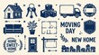 © Zia Ur Rehman - Vintage Umzug Illustrationen Set, dunkelblaue Retro Icons für Immobilien und Hauskauf, dekorative Grafiken für Wohnungseinzug und neues Zuhause, nostalgische Symbole für Logistik