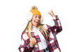 © luismolinero - Young pretty blonde woman wearing winter muffs over isolated chroma key background celebrating a victory
