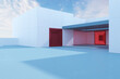 © Who is Danny - Abstract geometric architecture with glowing red doorways in a blue minimalist courtyard, futuristic spatial design and light background. 3D Rendering