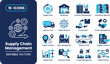 © Abubakar - Supply chain management icon set for logistics, inventory control, warehouse stock, delivery tracking, procurement, and distribution network