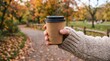 © JANNATULNAYIM - Person holding takeaway coffee cup in park during autumn season