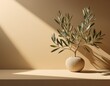 © Lisa - modern summer minimal of olive tree branch in sunlight with long shadows on beige wall background copy space interior lifestyle mediterranean scene generative ai
