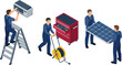 © Jahangir - Professional technician and maintenance worker collection featuring air conditioner installation, cable management, toolbox, and solar panel installation isometric vector illustration