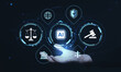 © ImageFlow - Digital justice and AI governance icons hovering above an open hand in futuristic interface concept depicting law, security, and global systems.