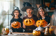 © Konstantin Yuganov - Happy Family Carving Pumpkins Together for Halloween Celebration in Festive Home