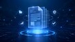 © Ridwan_DigitalGrid - Glowing blue holographic documents on digital podium with connected business icons representing secure file management system and automated data analytics