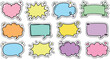 © Khali - Hand drawn cute colorful speech bubble sticker set with cloud shape, star, heart, quote frame, ribbon banner, and doodle elements for text message design.