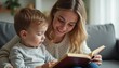 © Nataly - Mother reading to child in cozy living room, engaged in storytelling with book. Mother and child share joyful moment, fostering love for reading through creative engagement. Concept of family bonding.