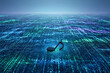 © Thomas Parker - Precarious traditional music note floats on a vast shimmering AI digital data sea of waveforms.