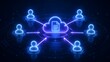 © Home Stock - Digital cloud computing network featuring a central cloud document icon connected to multiple user profiles representing secure online workspace and shared storage