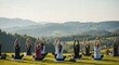 © Leo - Group of people practicing yoga outdoors amidst rolling hills and clear sky, embodying wellness and serenity.