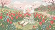 © Nana - Cute little girl holding red tulips sitting in a spring flower field, pastel illustration