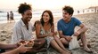 © MT - Multiethnic young adult friends laughing and sharing snacks during sunset beach picnic in summer