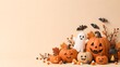 © MarufIslam - Festive halloween background with carved pumpkins and a cute ghost decoration on a soft beige studio backdrop