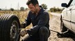 © kaleidoscope - A man kneels beside a car on a quiet road. He is using a tool to remove a flat tire. The sun shines brightly overhead