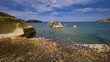 © Ralf Adler/imageBROKER - Blooming plants on the edge of a beautiful coast with rocks in the sea, Aspragremna, White Cliffs, Mavorspilia Beach, Kimolos Island, Kimolos, Cyclades, Greek Islands, Greece