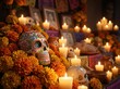 © shornagraphiclab - Day of the Dead altar with marigolds. Traditional Mexican memorial with candles and skulls.