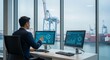 © Tan - Asian Indian man in business suit analyzing shipping logistics data on computer screens in modern office overlooking port