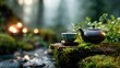 © svastix - A serene tea set positioned next to a tranquil stream, adorned with lush moss and green foliage, creating a peaceful atmosphere that embodies relaxation and natural beauty.