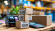 © Nataliya - Printing labels with QR code using thermal transfer label printer for inventory of units in warehouses and stores representing product label sourcing, inventory management