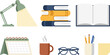 © B - Home office workspace vector illustration with adjustable desk lamp stacked books notebook calendar hot coffee cup reading glasses and pencil holder icons