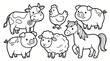 © Doni - Cute farm animals collection for children coloring page black and white outline illustration.