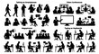 © Maruf - Silhouette Icons: Talking on Smartphones, Video Conferences, Megaphones, Typing on Keyboards, Business Communication, Office Work, Digital Technology, Team Collaboration