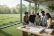 © Pixel Alchemist - Business team office meeting blueprint architecture planning landscape window teamwork diversity Business team discuss blueprint planning over large window office Diverse Workspace concept