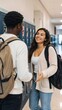 © ISVO - Diverse students engaging in conversation near school lockers, showcasing backpacks and casual attire in a well-lit educational hallway setting