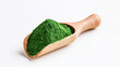 © Hathairat - Green powder in wooden scoop on white background, healthy superfood ingredient