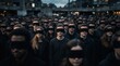 © Masque - A diverse crowd of people wearing black blindfolds standing together.