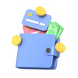 © Oleksandr - Vibrant 3D rendering of wallet bursting with credit cards currency and coins against a dark background symbolizing financial abundance.3d render