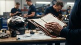 Mature motorsport engineer reviewing technical notes with workshop team. Concept of race engineering, vehicle development, professional teamwork.