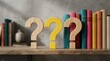 © Niam - Seeking answers with three large question marks placed in front of many colorful books.