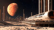 © Somporn Na Ubon - Futuristic space habitat on barren landscape with large red planet in sky, showcasing advanced architecture and technology