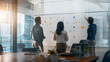 © Aino Minako - Business team mapping abstract strategy roadmap on large office whiteboard